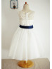Ivory Lace Tulle Navy Blue Sash Knee Length Flower Girl Dress  Ivory Lace Tulle Navy Blue Sash Knee Length Flower Girl Dress